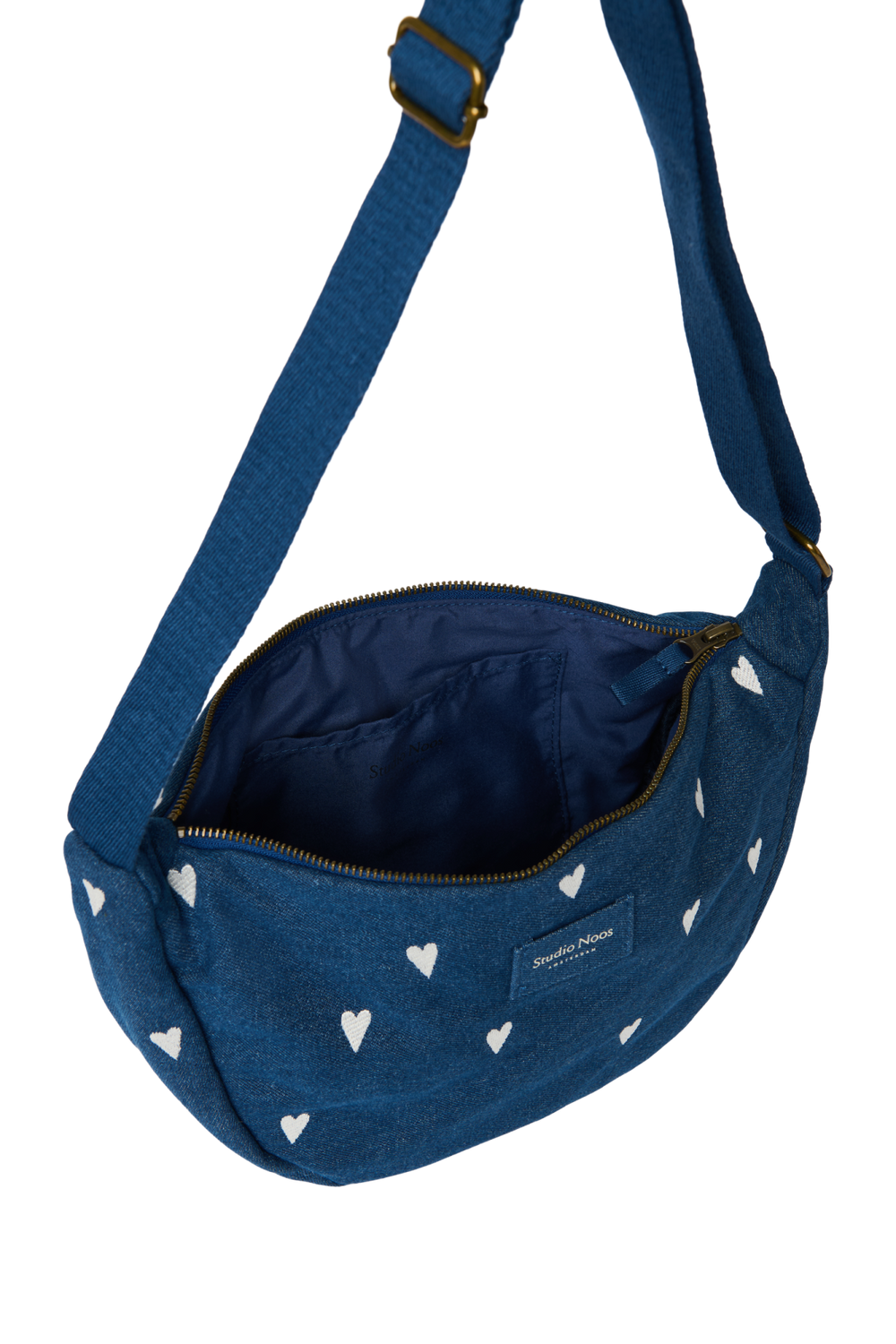 Denim Adult Fanny Pack | Dark Blue White Hearts