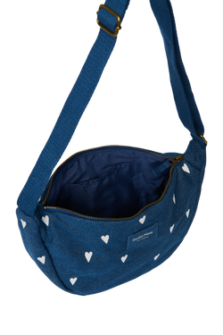 Denim Adult Fanny Pack | Dark Blue White Hearts