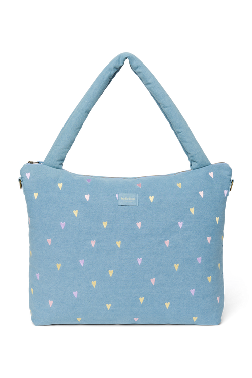 Denim Diaper Bag | Light Blue Hearts