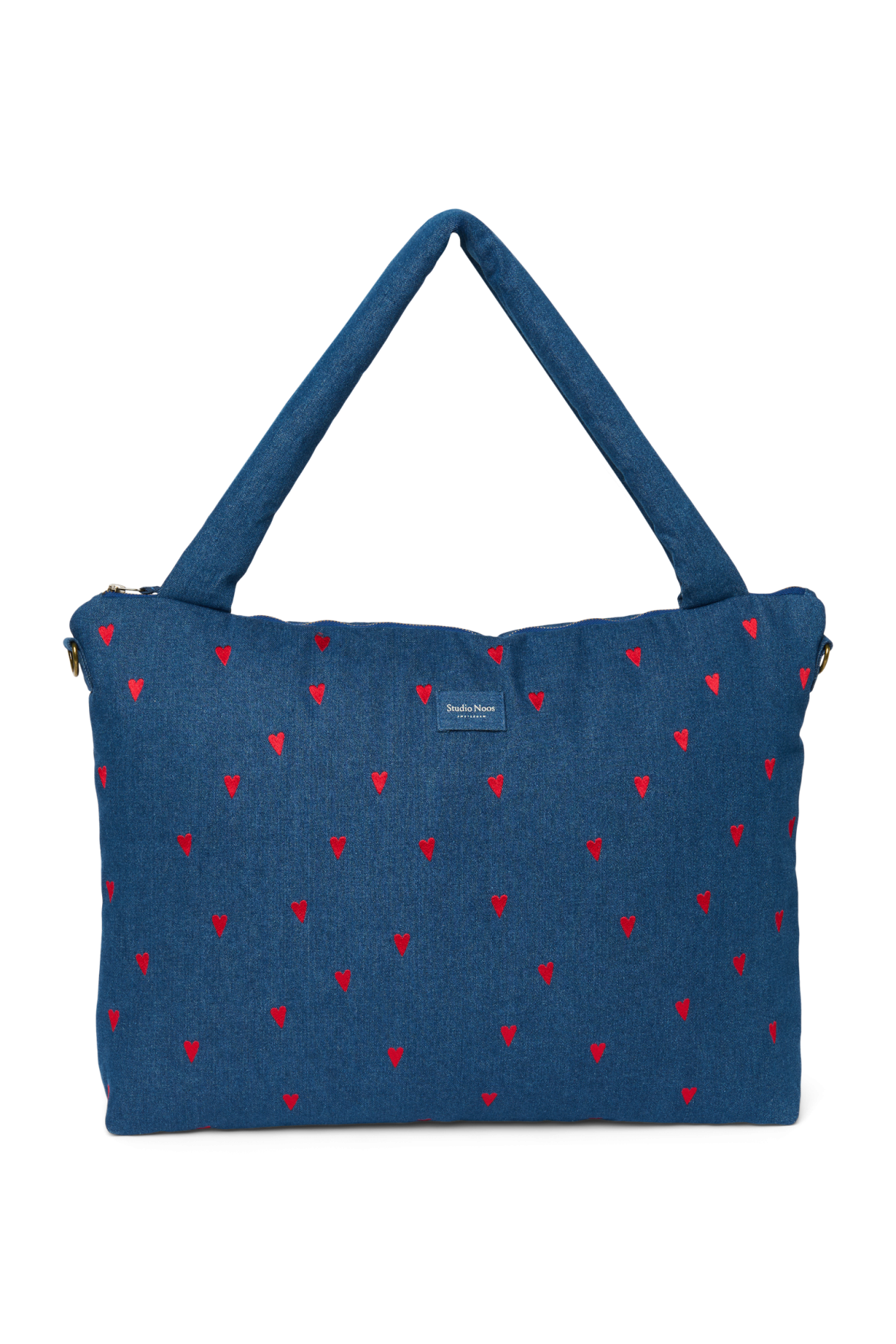 Denim Diaper Bag | Dark Blue Red Hearts