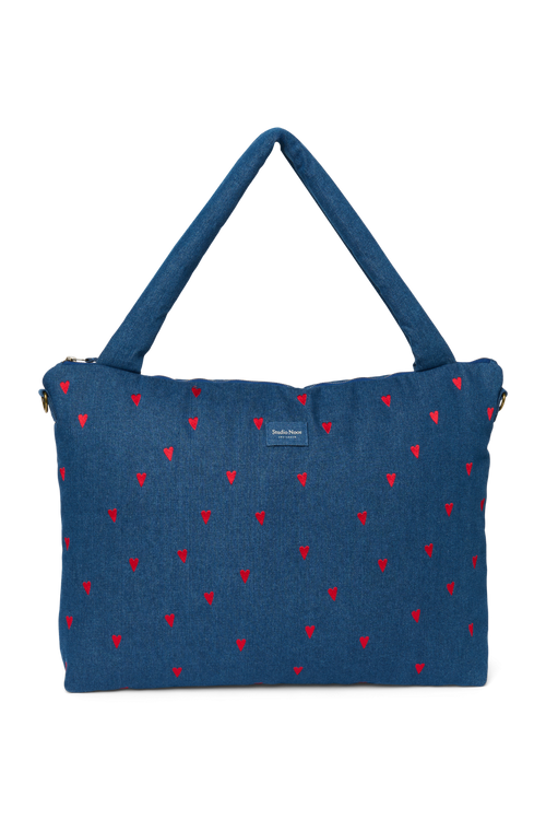 Denim Diaper Bag | Dark Blue Red Hearts