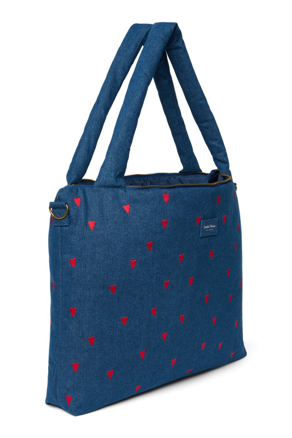 Denim Diaper Bag | Dark Blue Red Hearts
