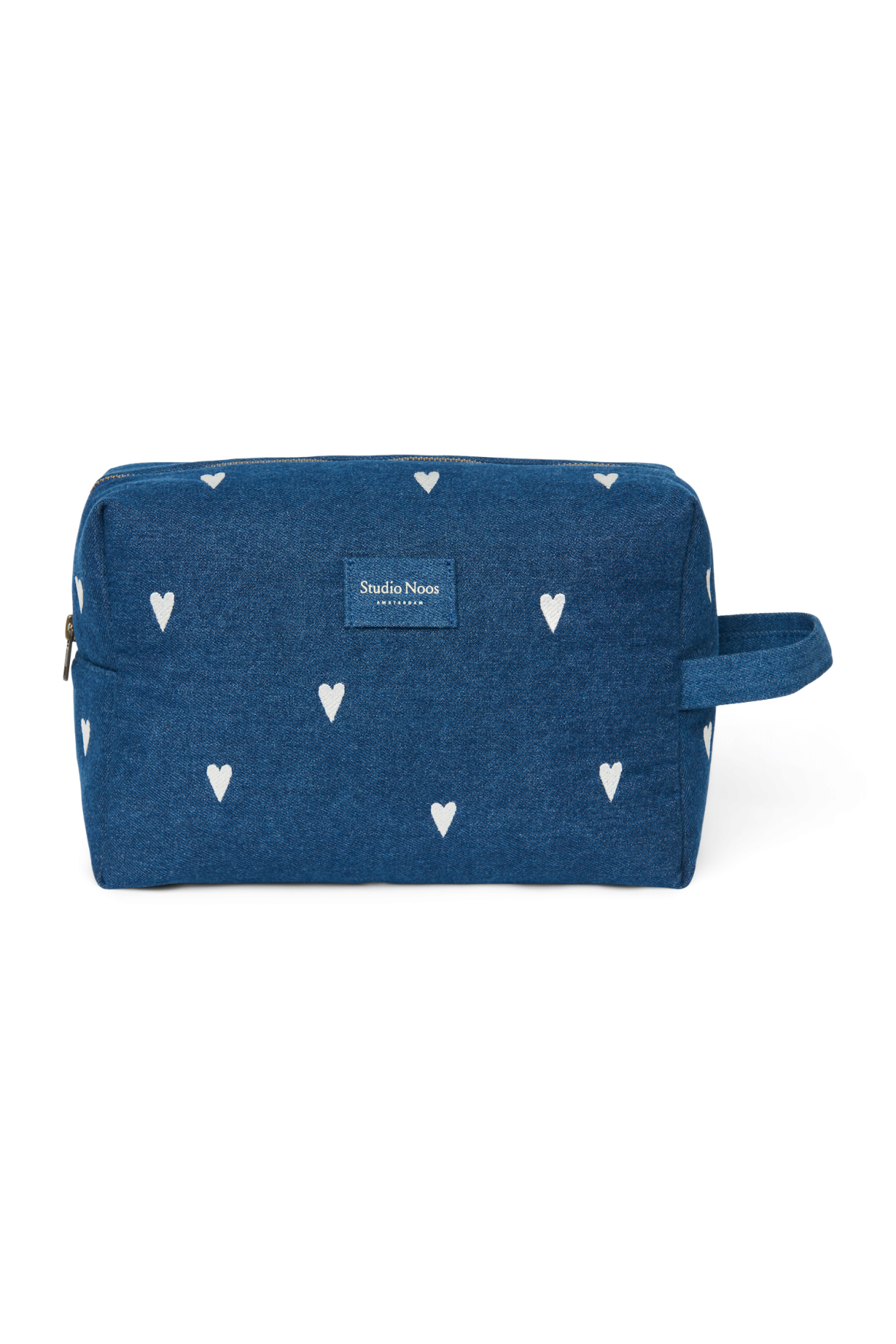 Denim Toiletry Bag | Dark Blue White Hearts