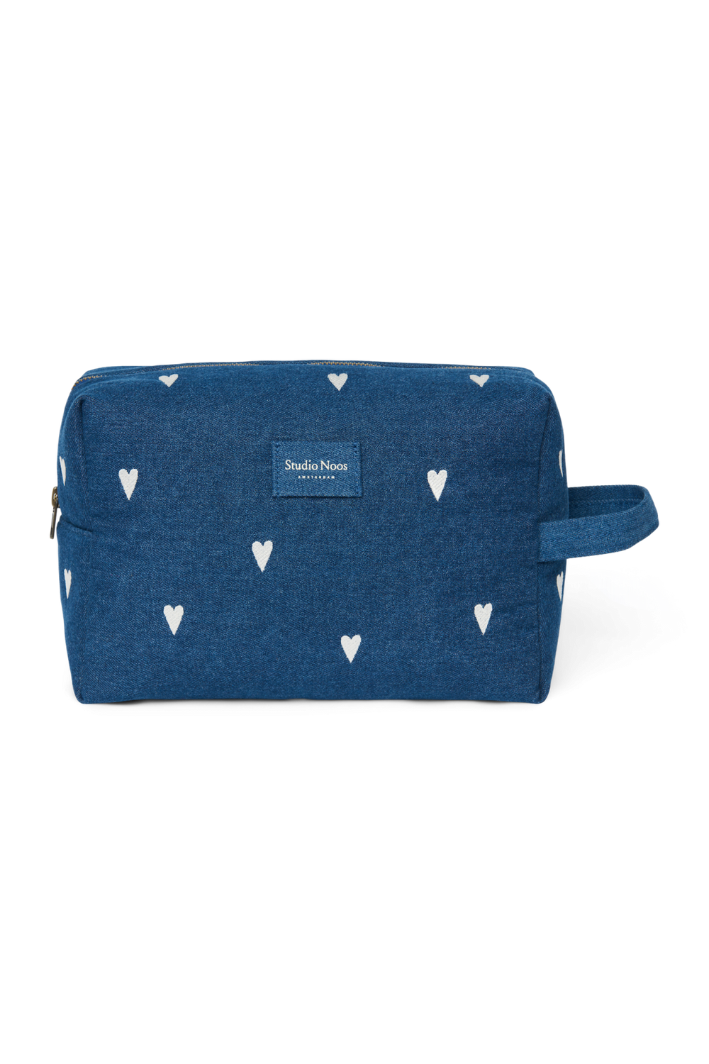 Denim Toiletry Bag | Dark Blue White Hearts