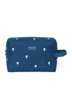 Denim Toiletry Bag | Dark Blue White Hearts