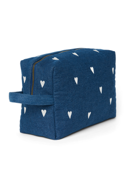 Denim Toiletry Bag | Dark Blue White Hearts