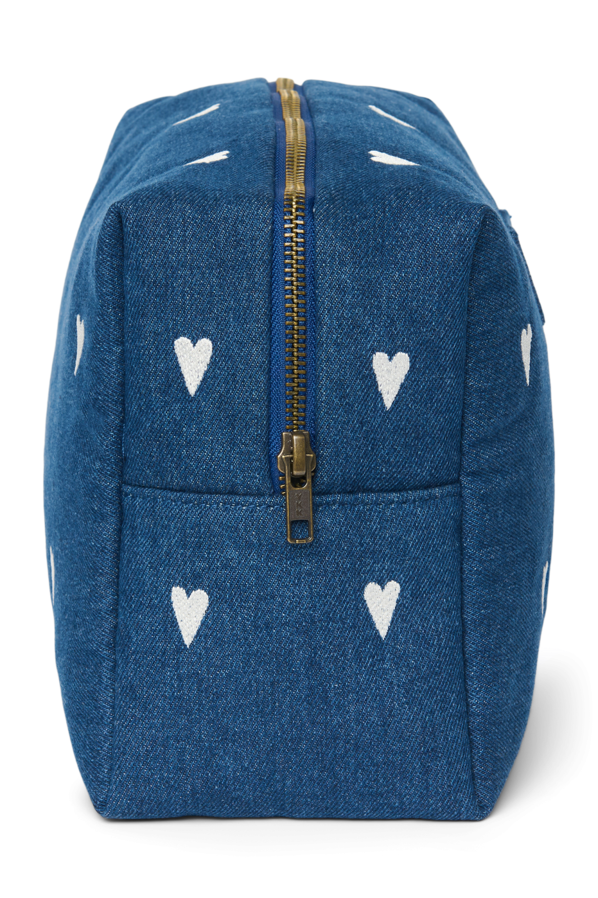 Denim Toiletry Bag | Dark Blue White Hearts