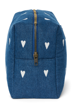 Denim Toiletry Bag | Dark Blue White Hearts
