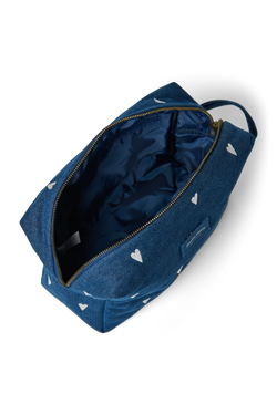 Denim Toiletry Bag | Dark Blue White Hearts