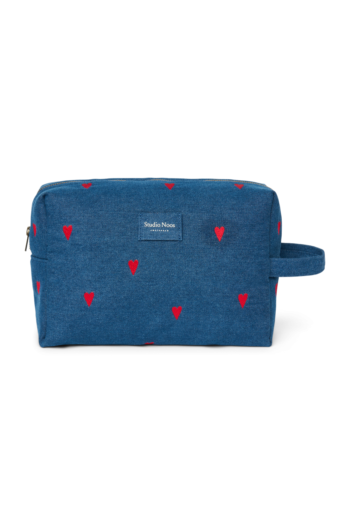 Denim Toiletry Bag | Dark Blue Red Hearts