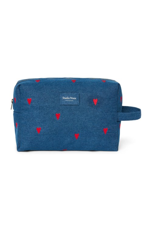 Denim Toiletry Bag | Dark Blue Red Hearts