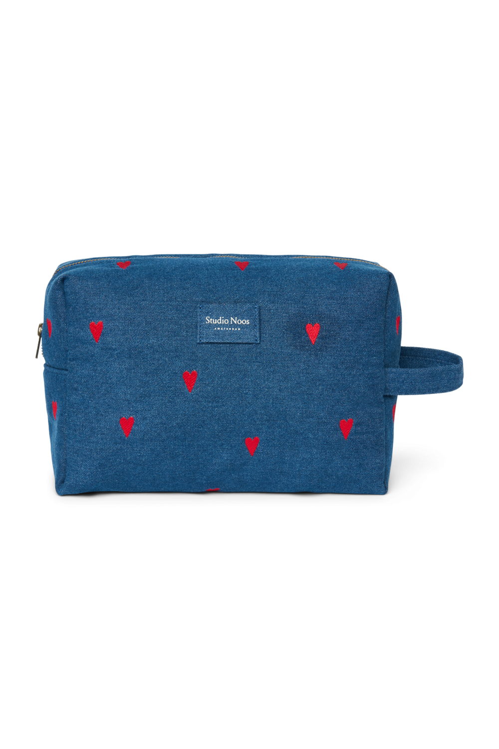 Denim Toiletry Bag | Dark Blue Red Hearts