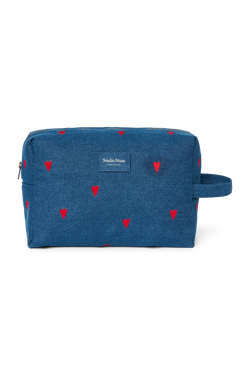 Denim Toiletry Bag | Dark Blue Red Hearts