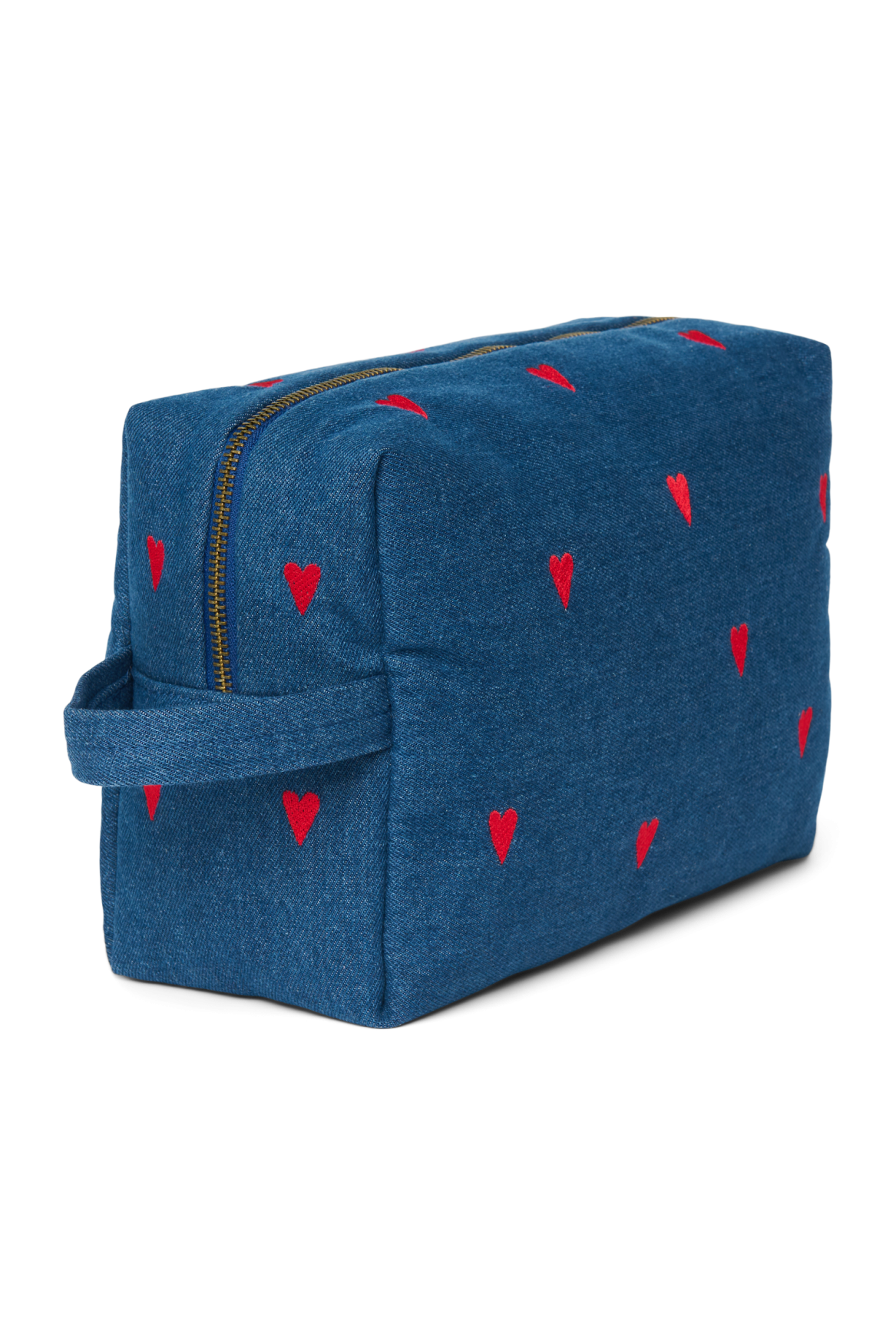 Denim Toiletry Bag | Dark Blue Red Hearts