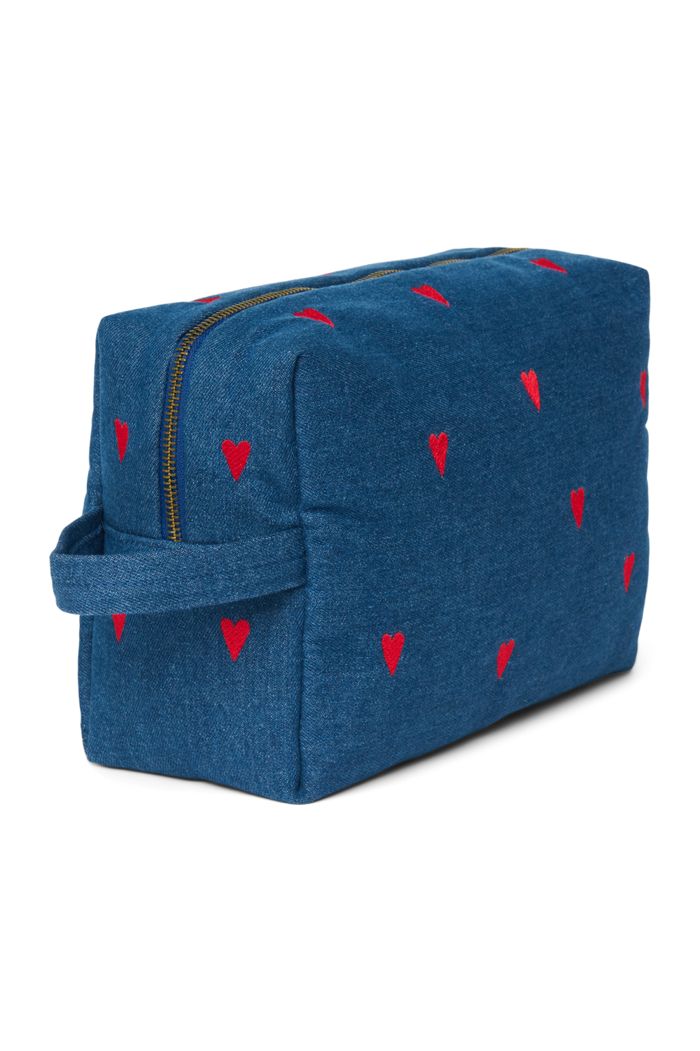 Denim Toiletry Bag | Dark Blue Red Hearts