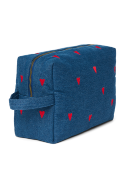 Denim Toiletry Bag | Dark Blue Red Hearts