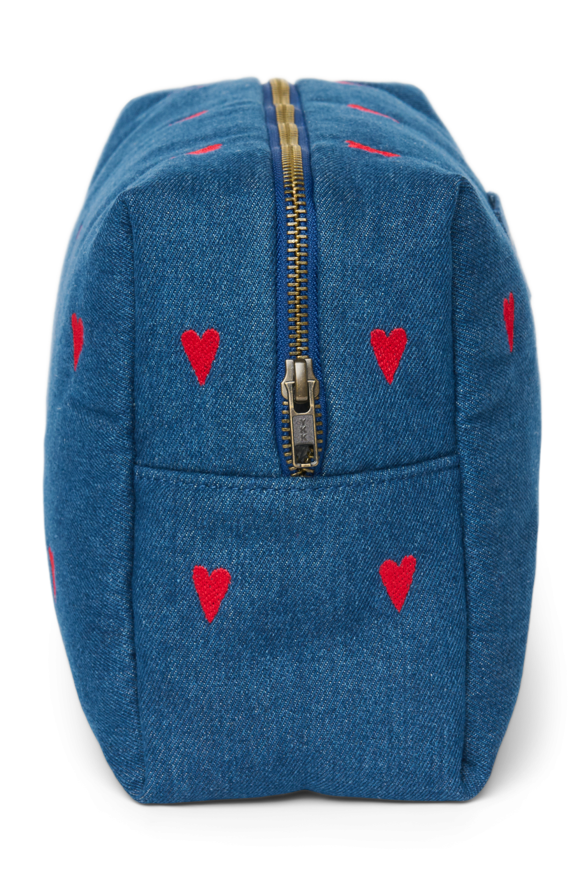 Denim Toiletry Bag | Dark Blue Red Hearts