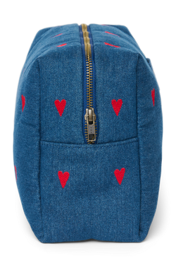 Denim Toiletry Bag | Dark Blue Red Hearts