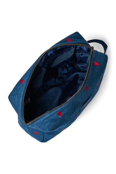 Denim Toiletry Bag | Dark Blue Red Hearts