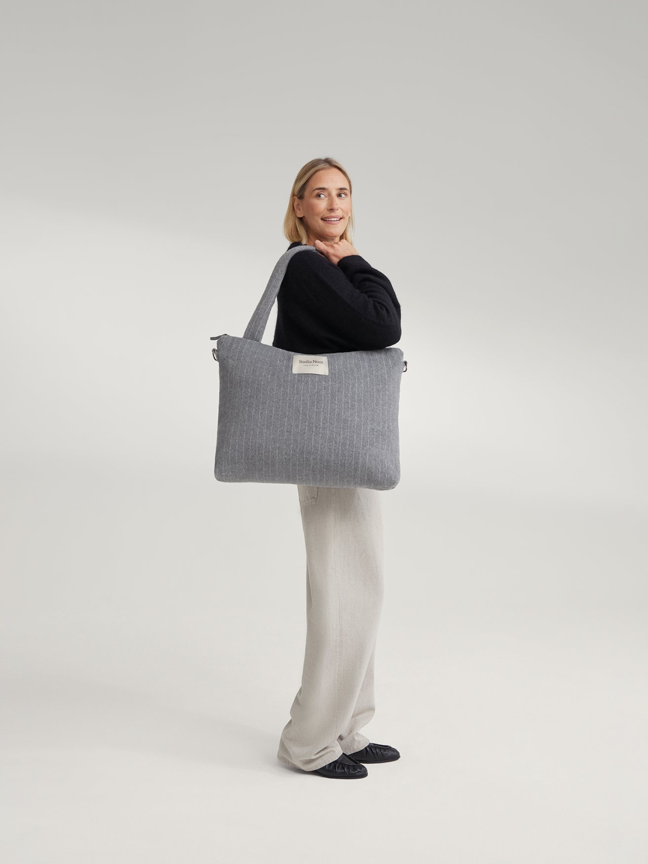 Flannel Chalkstripe Diaper Bag | Light Grey