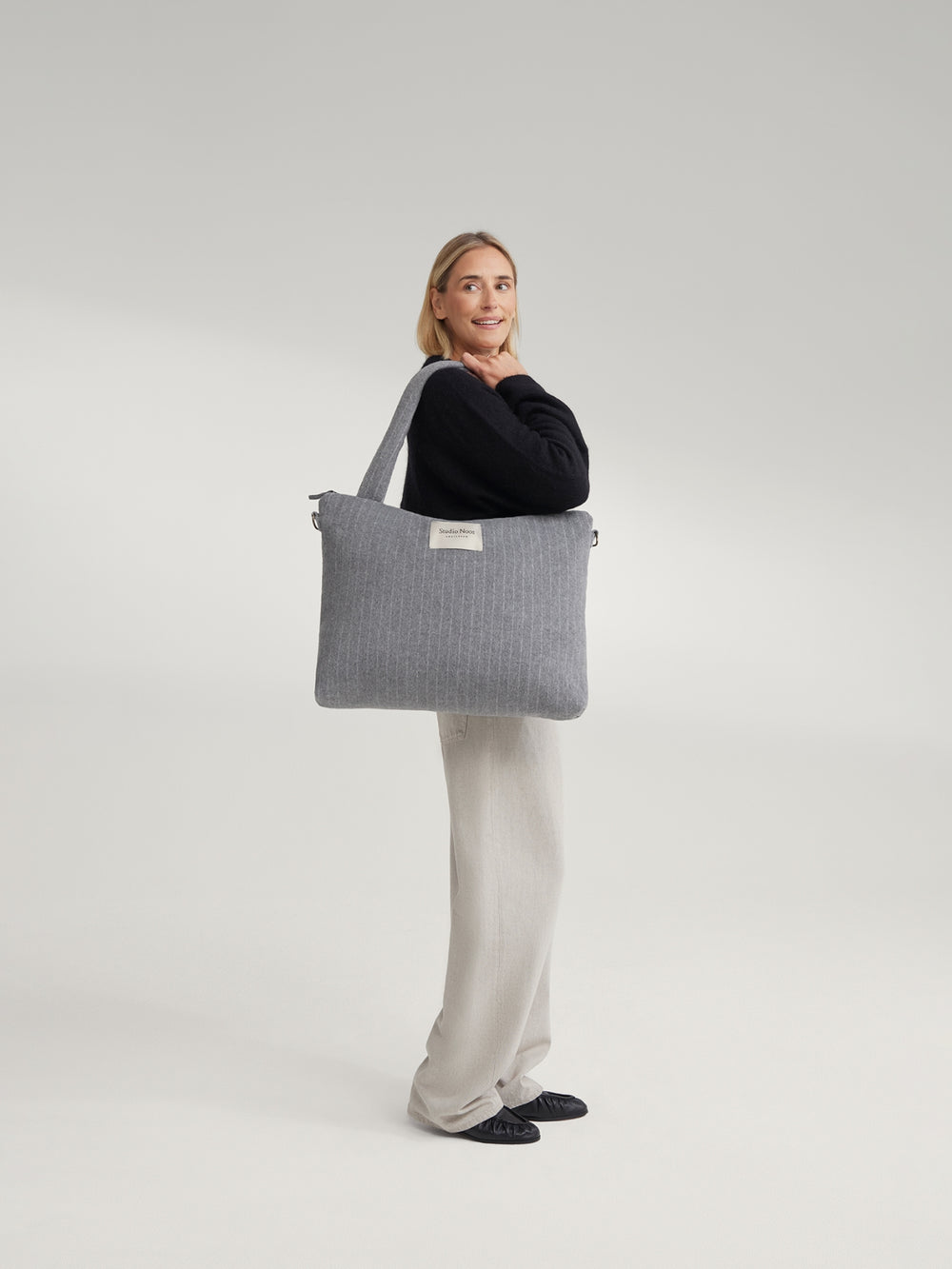 Flannel Chalkstripe Diaper Bag | Light Grey