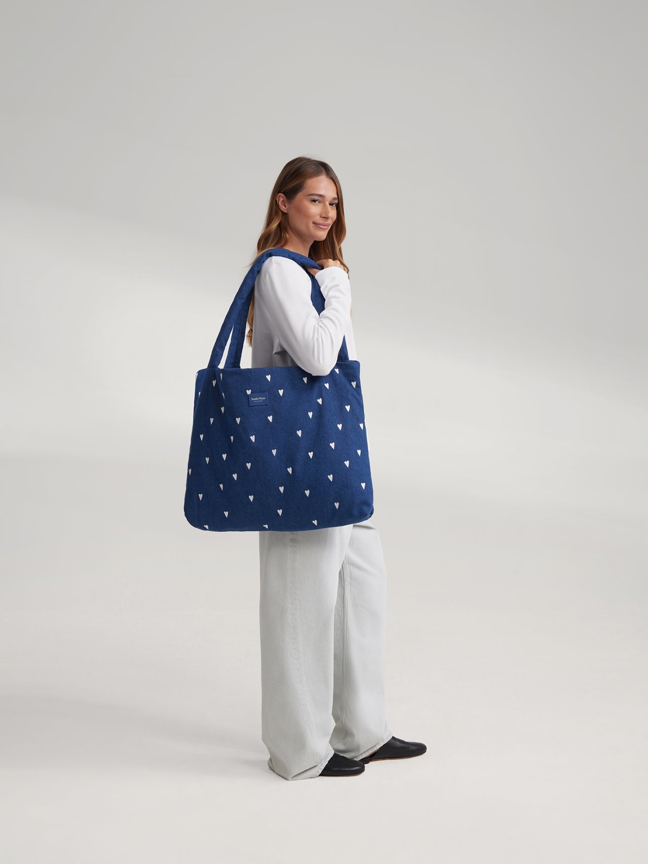 Denim Mom Bag | Donkerblauwe Witte Hearts
