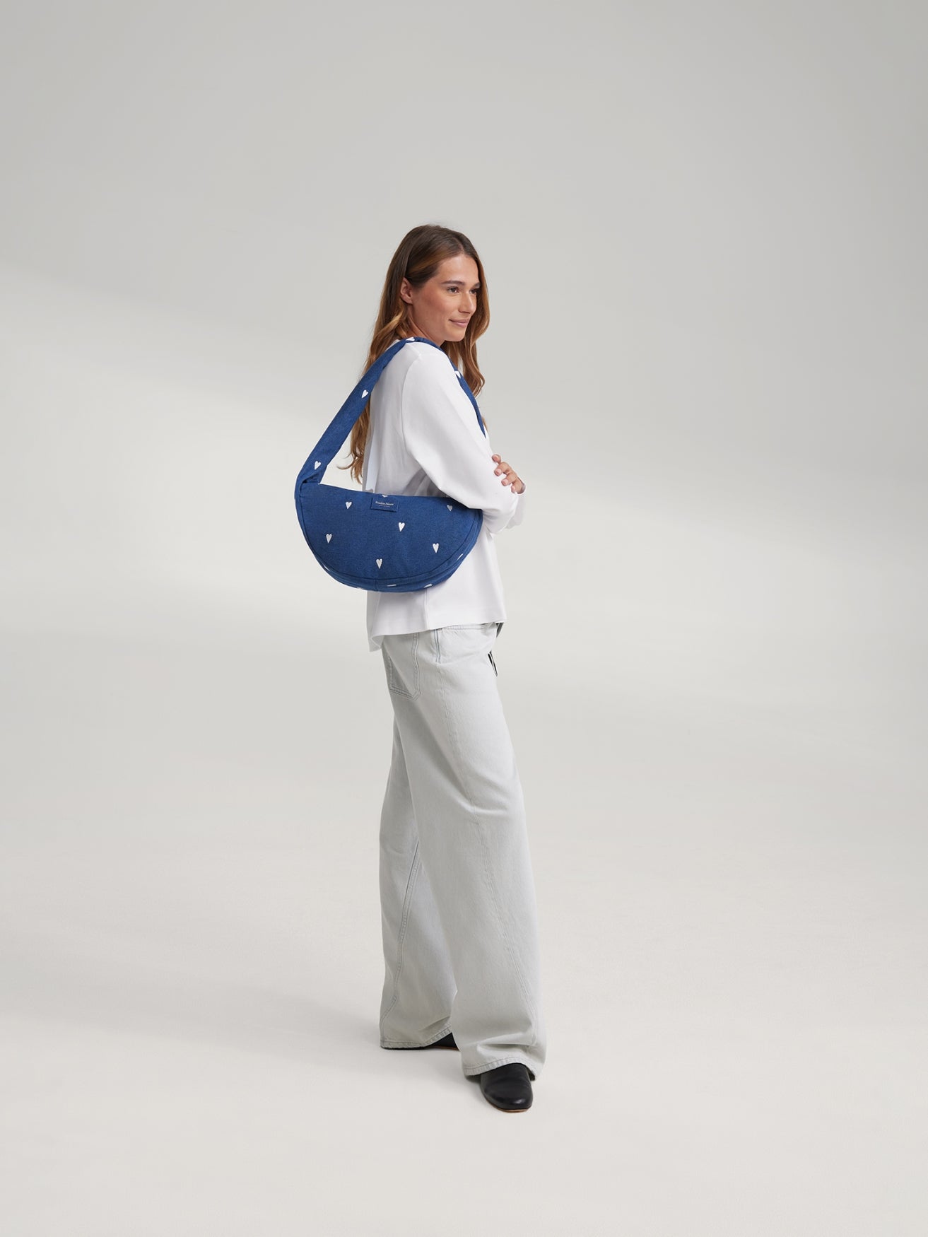 Denim Mini Cross Body Bag | Donkerblauwe Witte Hartjes
