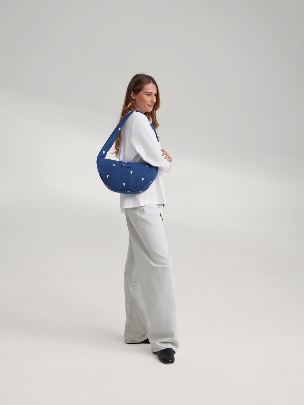 Denim Mini Cross Body Bag | Donkerblauwe Witte Hartjes
