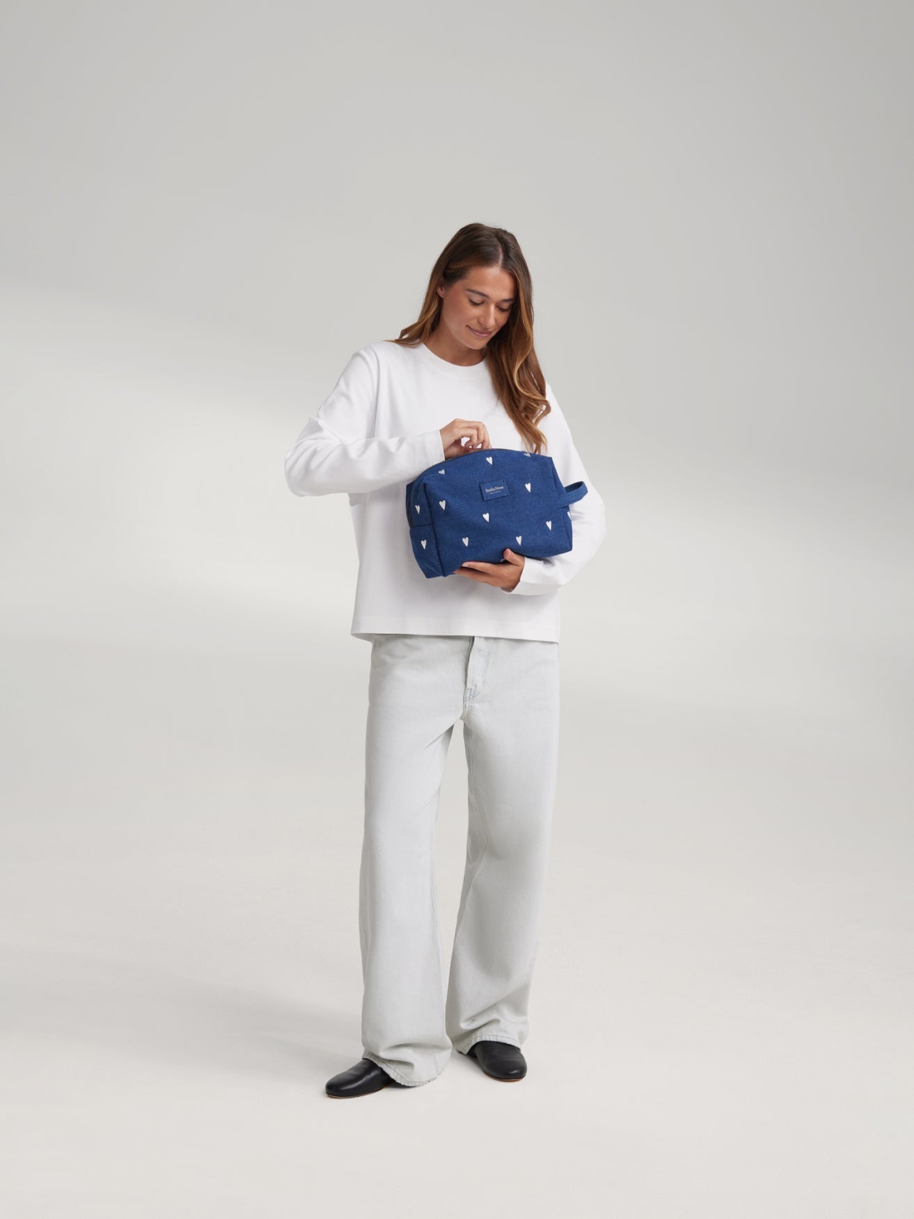 Denim Toiletry Bag | Dark Blue White Hearts