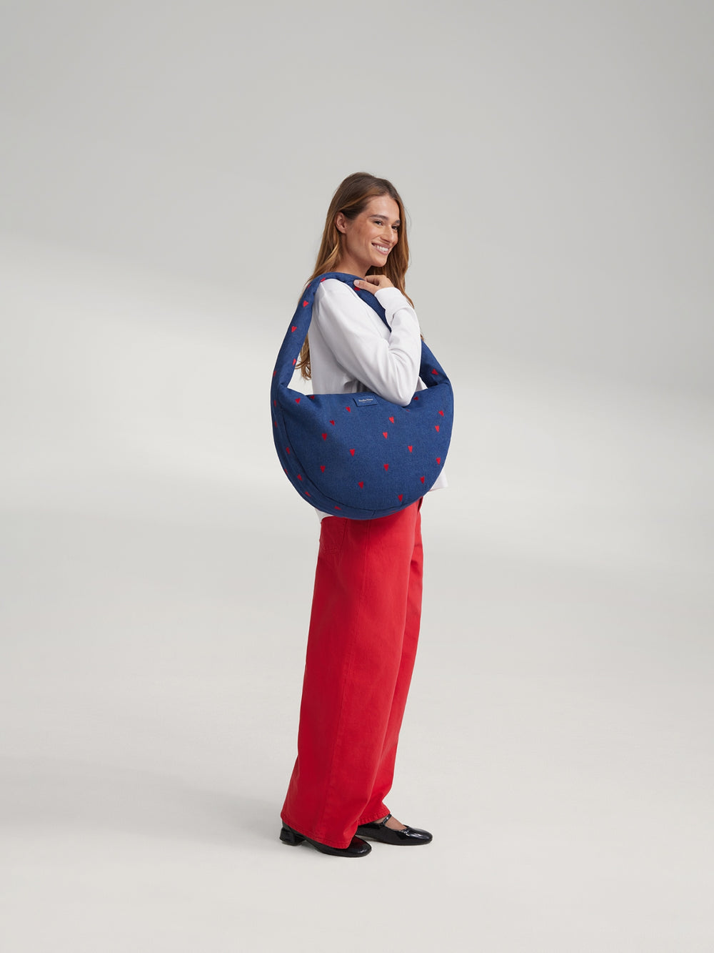 Denim Cross Body Bag | Dark Blue Red Hearts