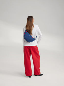 Denim Adult Fanny Pack | Dark Blue Red Hearts
