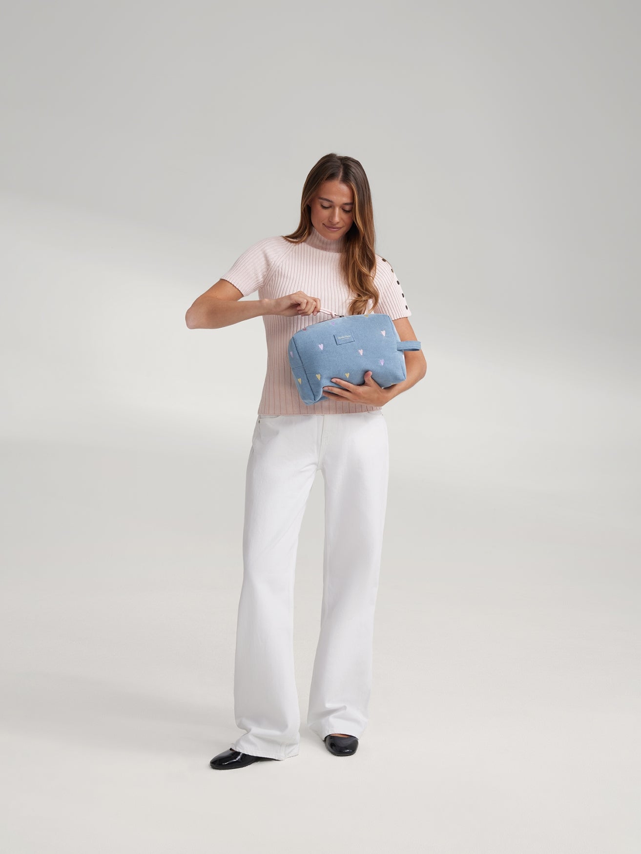 Denim Toiletry Bag | Light Blue Hearts