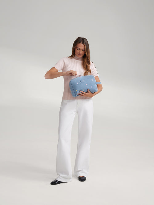 Denim Toiletry Bag | Light Blue Hearts