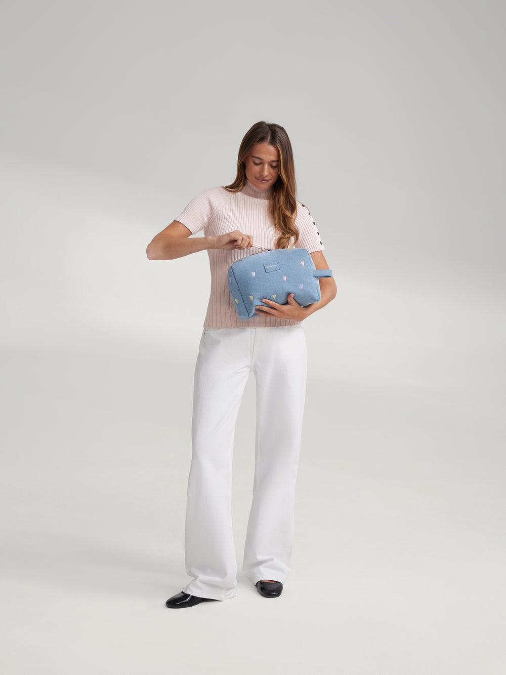Denim Toiletry Bag | Light Blue Hearts