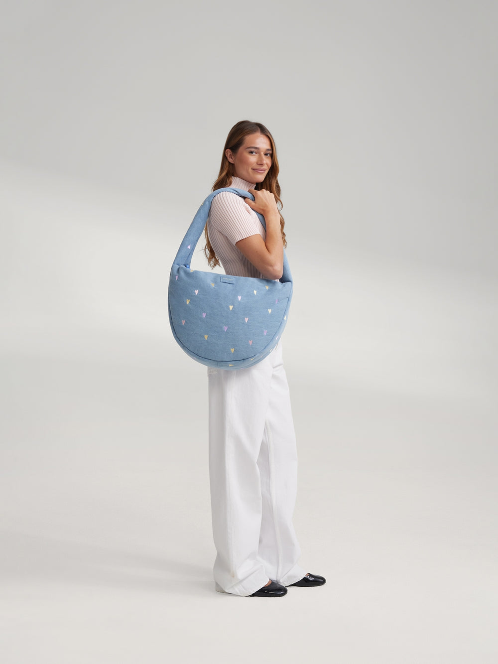 Denim Cross Body Bag | Light Blue Hearts