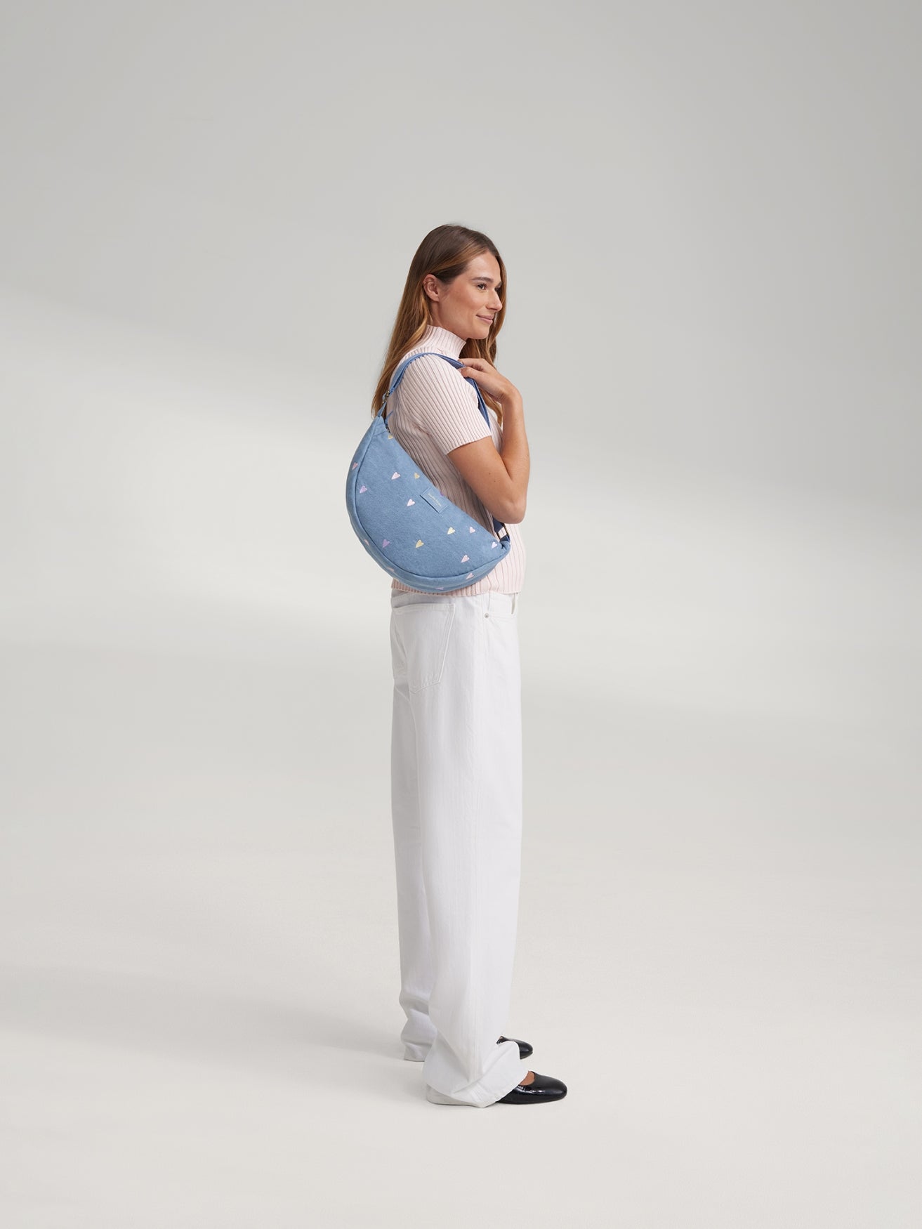 Denim Adult Fanny Pack | Light Blue Hearts