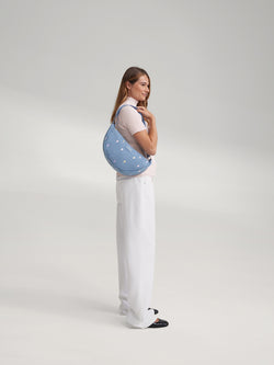 Denim Adult Fanny Pack | Light Blue Hearts