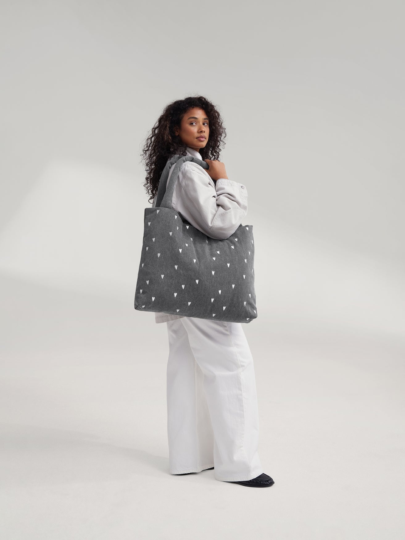 Denim Diaper Bag | Grey Hearts