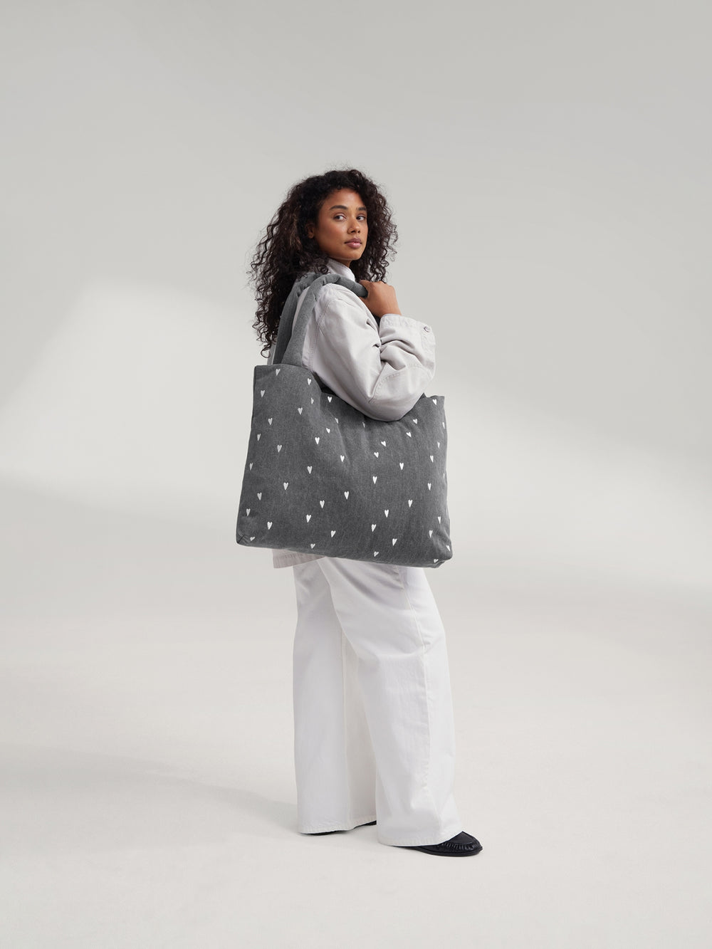 Denim Diaper Bag | Grey Hearts