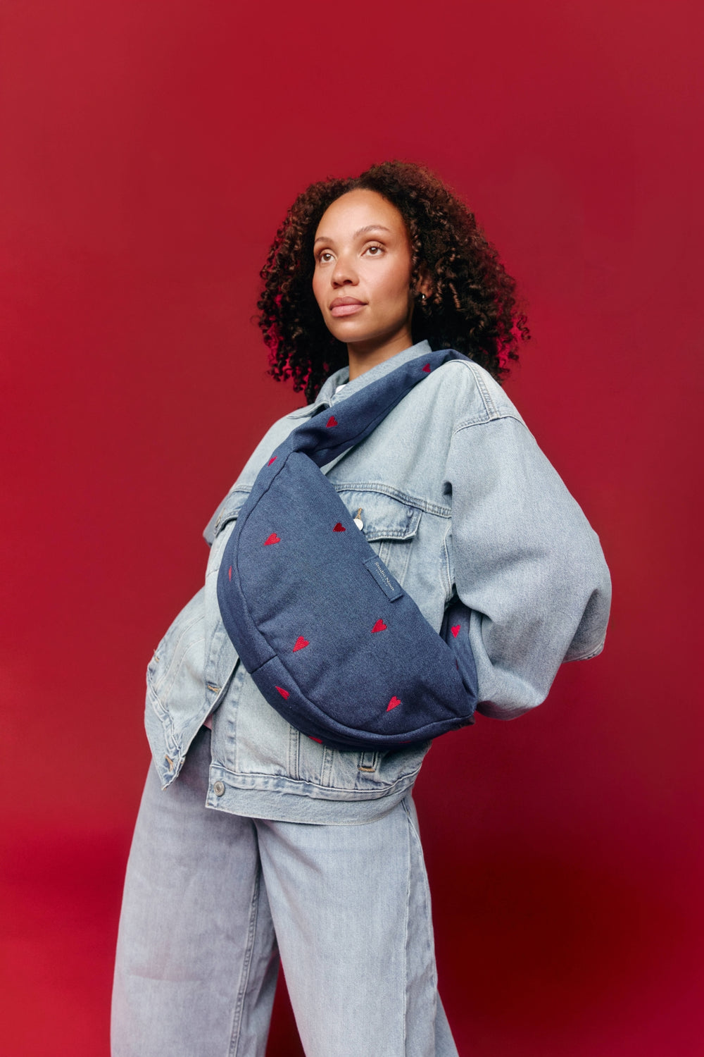 Denim Mini Cross Body Bag | Dark Blue Red Hearts