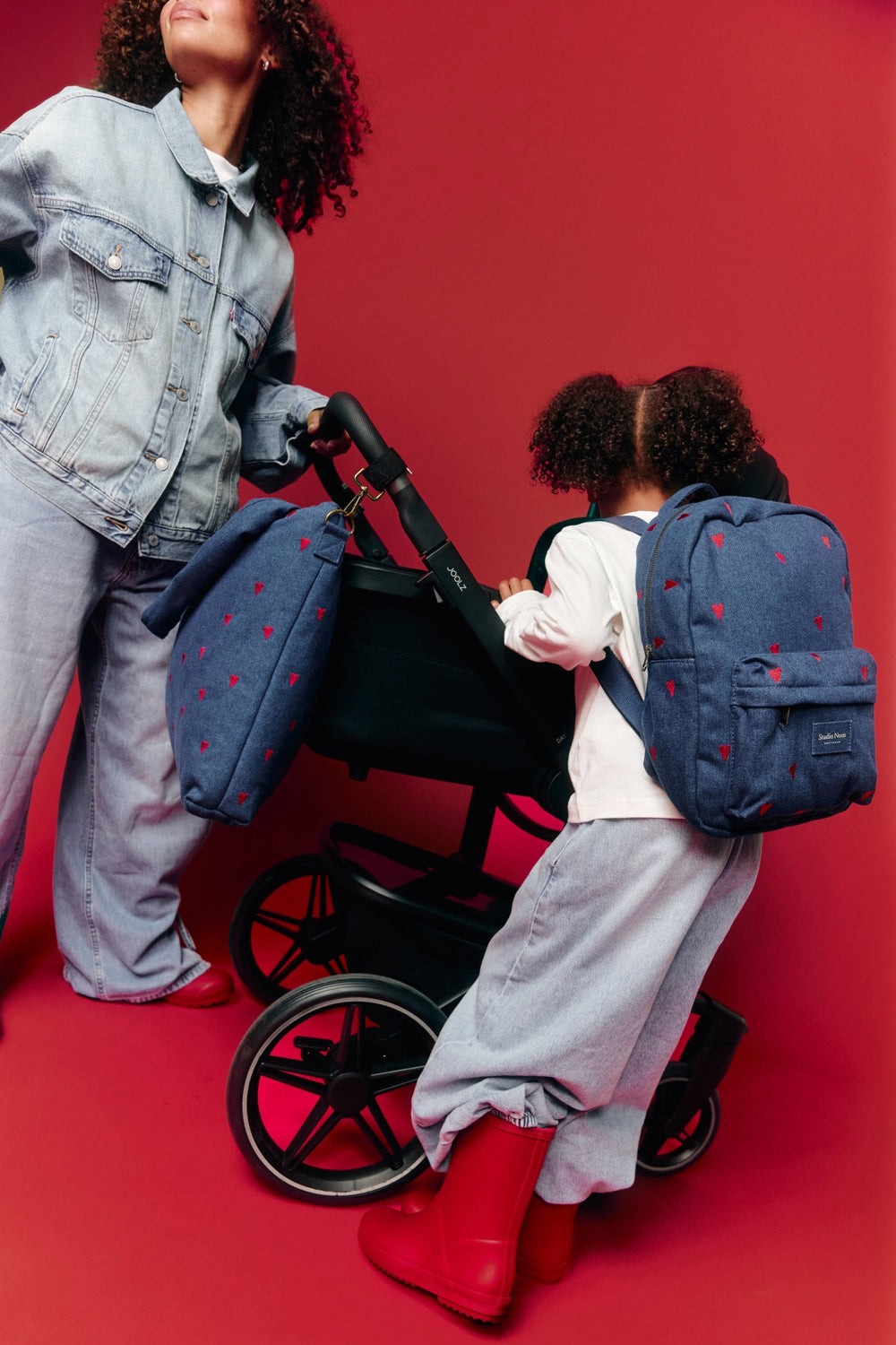 Denim Diaper Bag | Dark Blue Red Hearts
