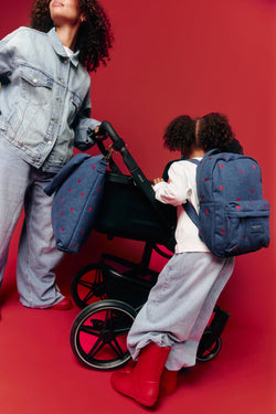 Denim Diaper Bag | Dark Blue Red Hearts