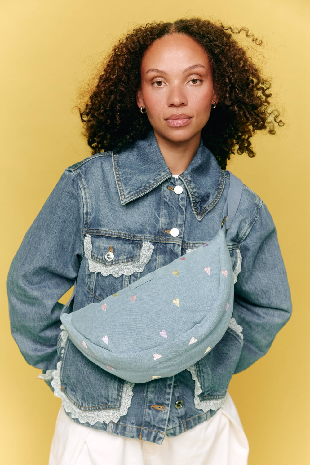 Denim Adult Fanny Pack | Light Blue Hearts