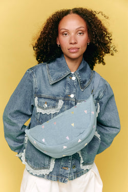 Denim Adult Fanny Pack | Light Blue Hearts