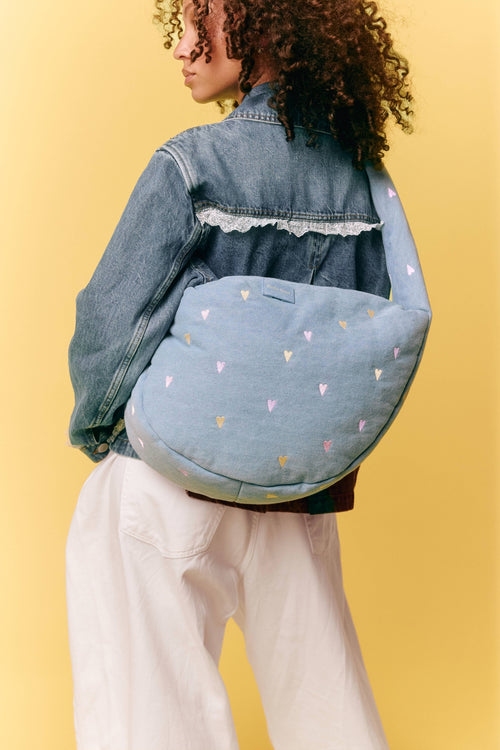 Denim Cross Body Bag | Light Blue Hearts