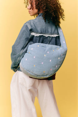 Denim Cross Body Bag | Light Blue Hearts
