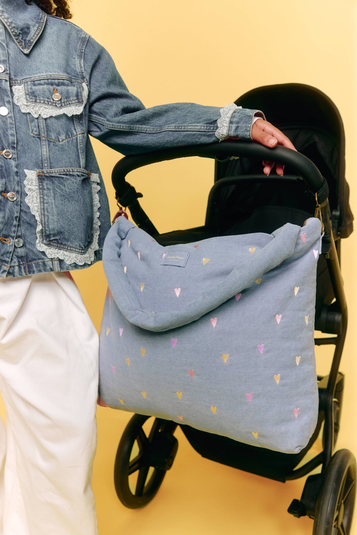 Denim Diaper Bag | Light Blue Hearts