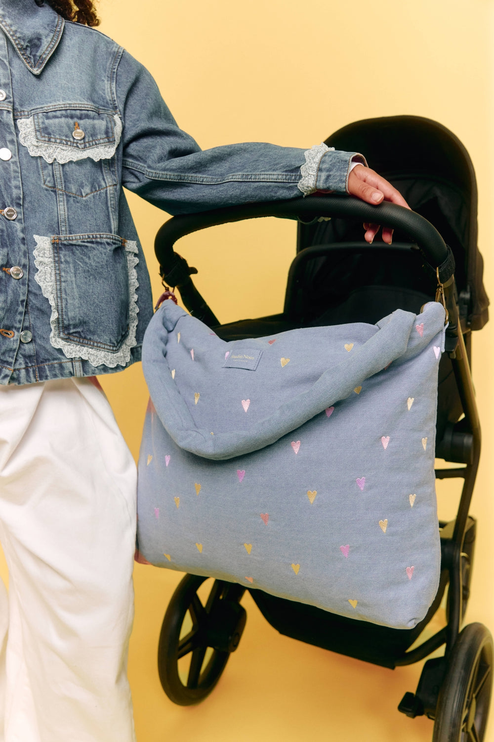 Denim Diaper Bag | Light Blue Hearts