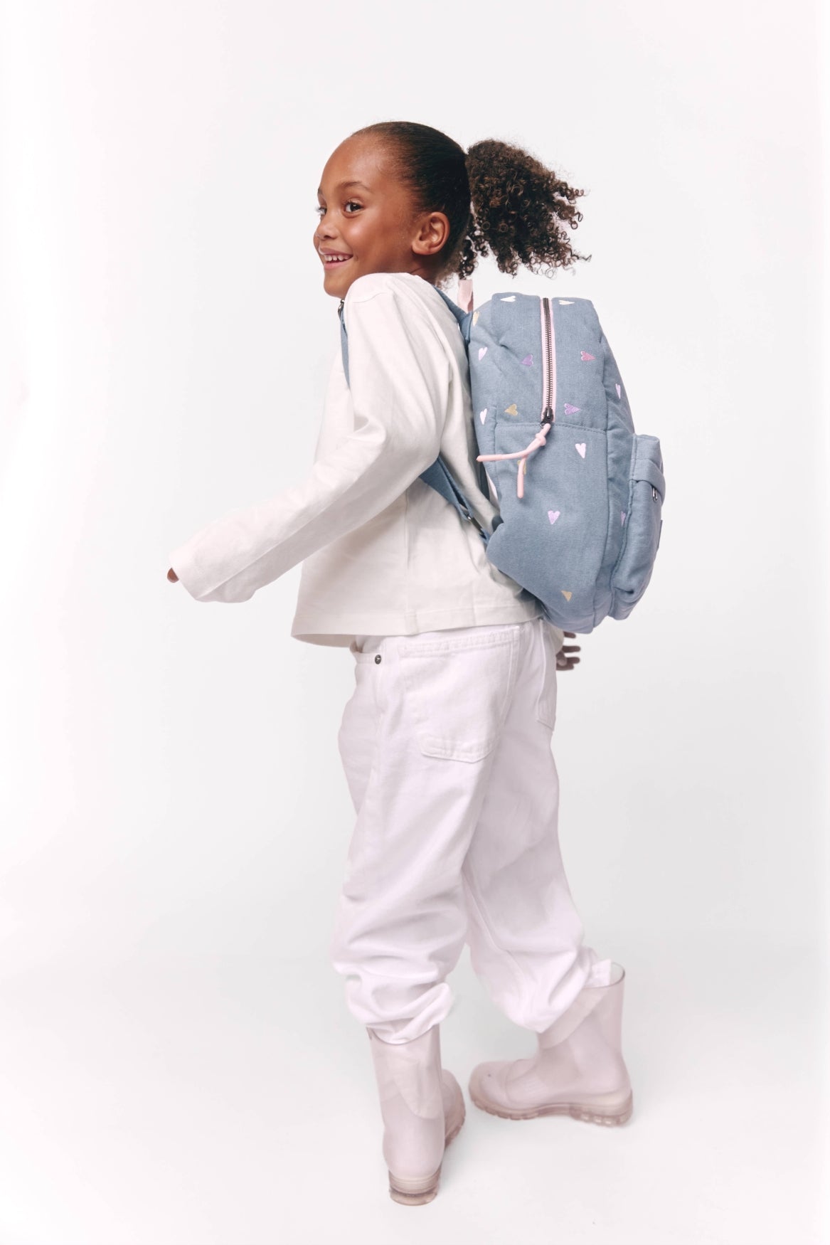Denim Midi Backpack | Light Blue Hearts