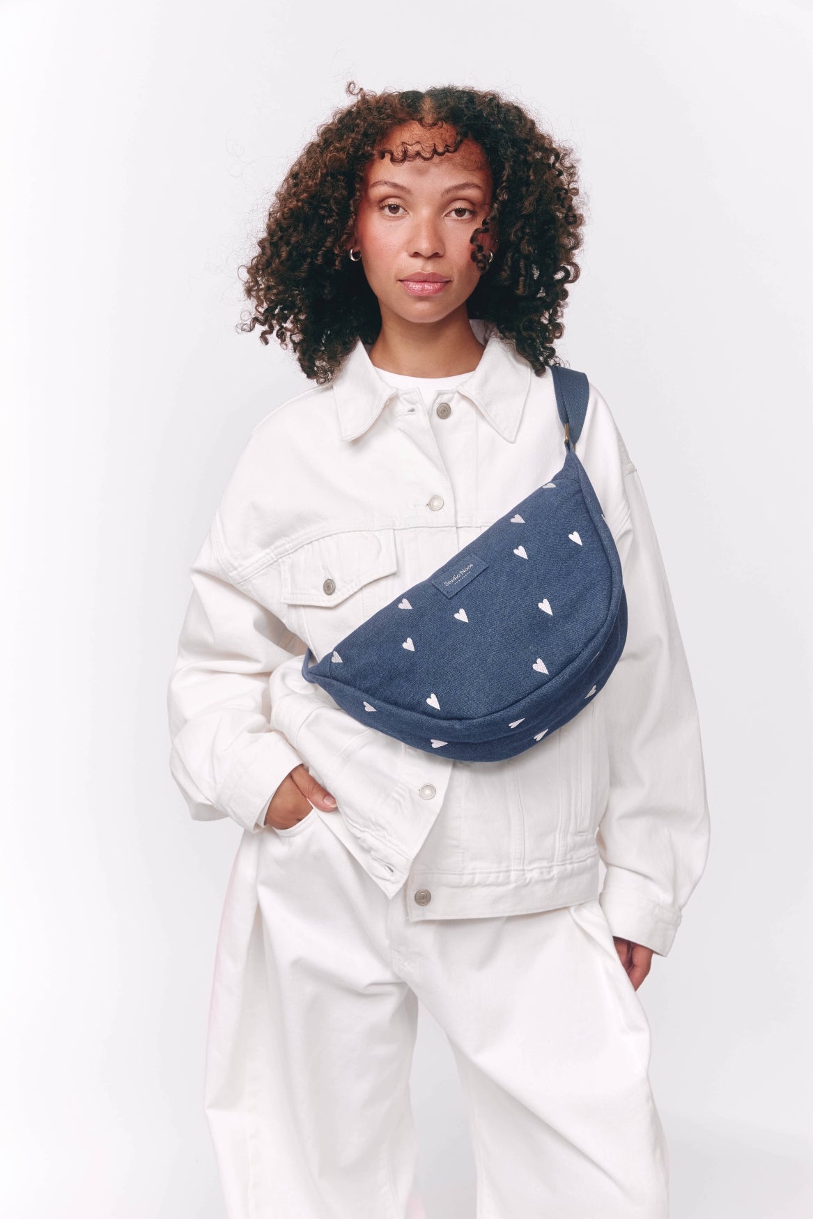 Denim Adult Fanny Pack | Dark Blue White Hearts